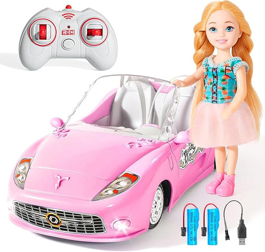 Pink Remote Control Car for Girls, 2.4Ghz Racing for Toddler, 1:18 RC Toys for Kids with Doll, 100 mins with Rechargeable Battery, Birthday for Grils