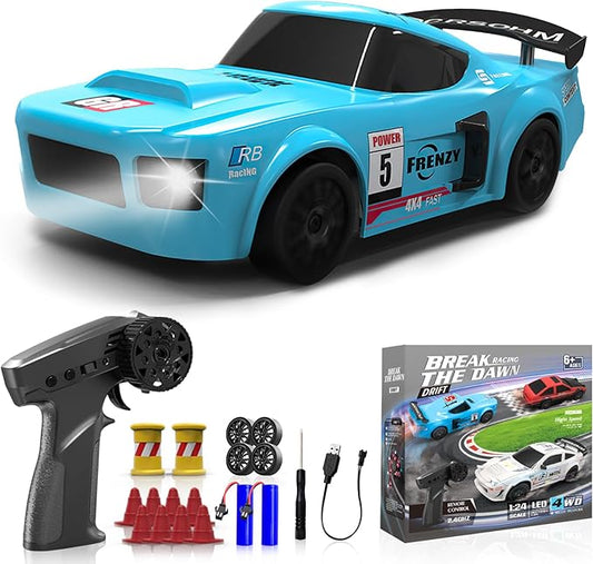 RC Drift Car, 1/24 Remote Control Car, 2.4Ghz 17KM/H High Speed RC Cars with LED Lights, Extra Tires, 2 Rechargeable Batteries, 4WD Racing Car Toys Christmas Birthday Gift for Kids Boys Girls Adults