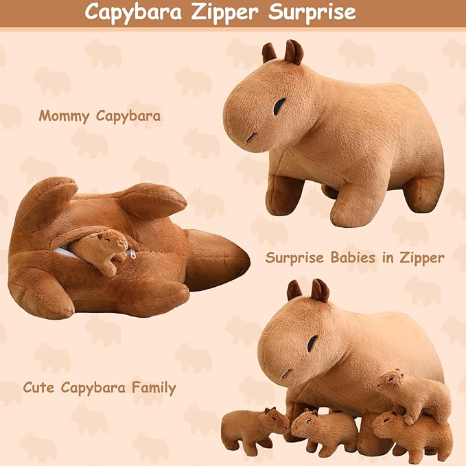 SQEQE Capybara Mommy Plush with 4 Cute Babies Capybara Stuffed Animals, Super Soft Plushie Stuffed Cotton Plushies Animal Toy Gift for Boys and Girls