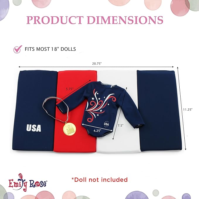 Emily Rose 18 Inch Doll Clothes 4-PC Gymnastics Sports Outfit & Accessories Set with Medal and Face Stickers - Gymnast Toy | Doll Not Included | USA Business | Compatible with 18" American Girl Dolls
