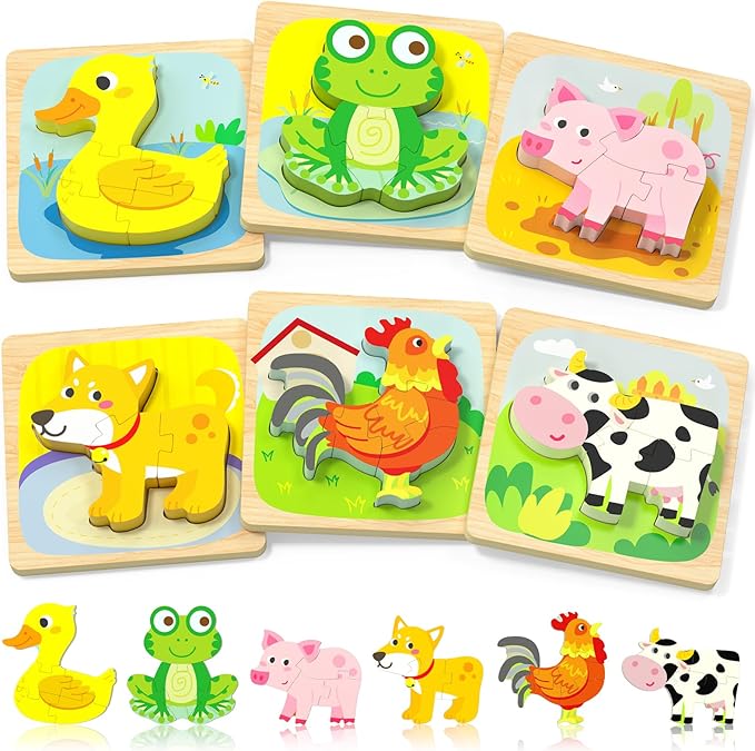 Wooden Puzzles Toddler Toys for 1 2 3 Year Old Boy Girl, 6 Packs Animal Toddler Puzzles Preschool Educational Learning Montessori Toys Age 1-3, 2-4 Christmas Birthday Gifts
