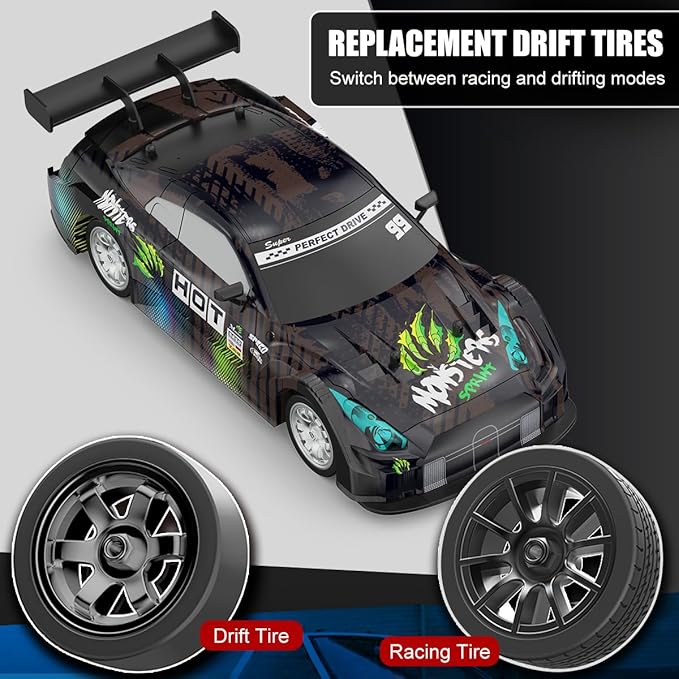 Dollox RC Drift Car 1/16 Scale Remote Control Car 2.4GHz 4WD 30+KM/H High Speed Vehicle with LED Lights, Extra Drifting Tires Racing Black Vehicle Toys Birthday Gifts (191AB) (Black&Green)