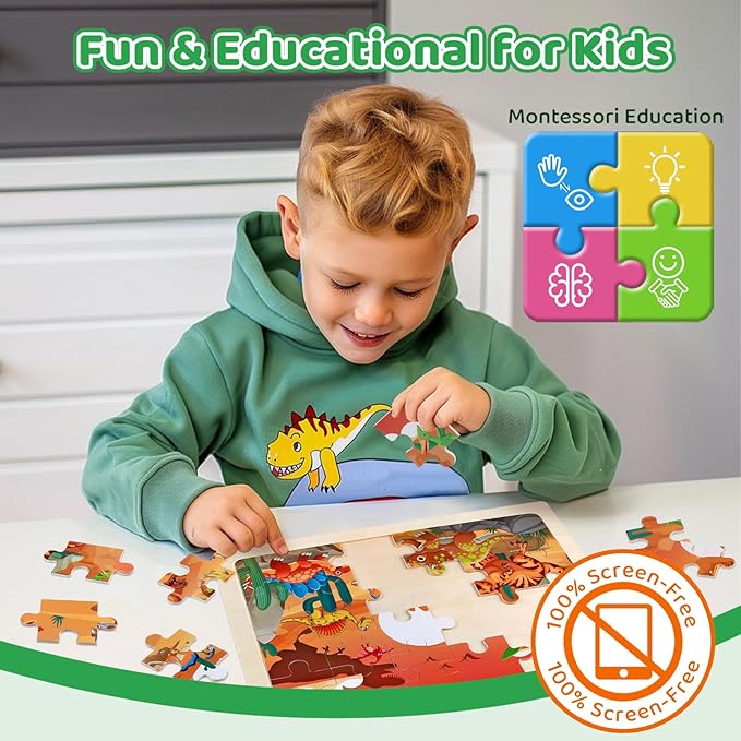 4 Pack Dinosaur Wooden Puzzles for Kids Ages 3-8 - 24-Piece Toddler Puzzles with Seasons - Educational Montessori Dino Toys for Boys Girls - Birthday Christmas Easter Gift for Kids 3 4 5 6 7 Year Old
