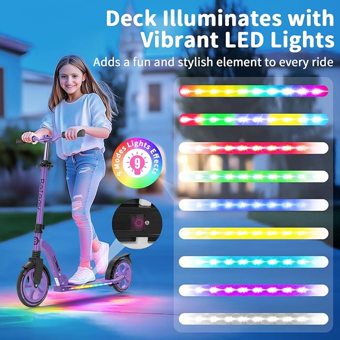 BELEEV V8 Scooters for Kids Ages 6+ with Light-Up Deck, 2 Wheel Folding Scooter for Adults Teens, 4 Adjustable Height, Lightweight Sport Commuter Scooter, Sturdy Frame, Max Load 220 lbs