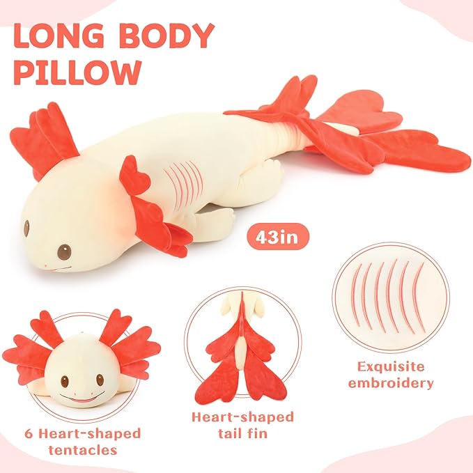 Axolotl Stuffed Animals Long Body Throw Pillow, Giant Love Heart Salamander Plush Bolster Body Pillow, Christmas Birthday Valentines Gift for Sider Sleeper Kids Girls Boys Adults