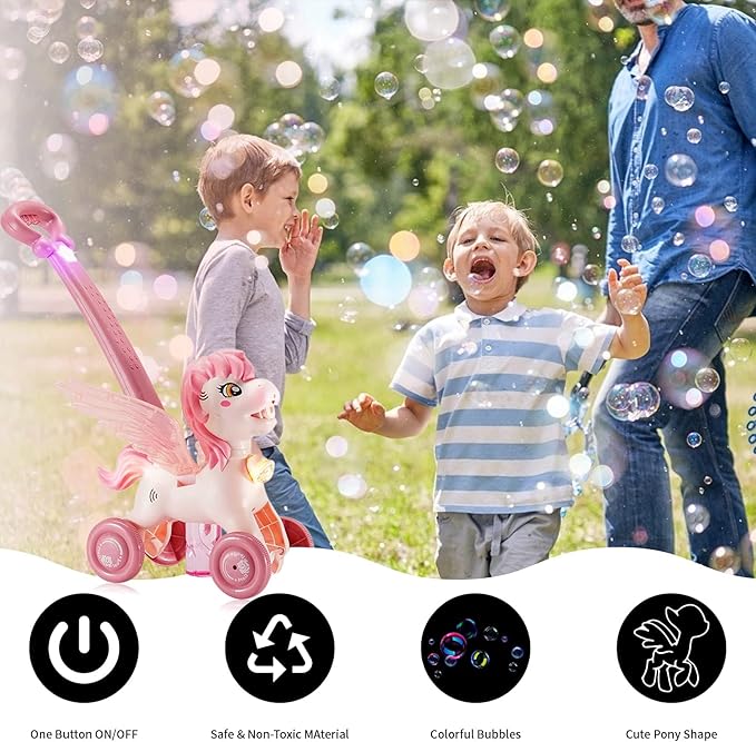 Pink Bubble Machine Blower Maker Lawn Mower Walking Toy Christmas Basket Stuffers Outdoor Summer Girls Kids Toddler 1st Birthday Best Gift for 1 2 3 Year Old Unique Cute Valentines Day Unicorn Gifts