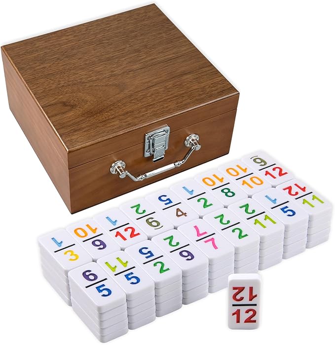 Mexican Dominoes Set in WoodenCase Double 12 Colored Numbers Set with Acrylic Hub, 91 Numbered Domino Tiles, 9 Trains, Family Game for Kids and Adults (Colored Numbers)