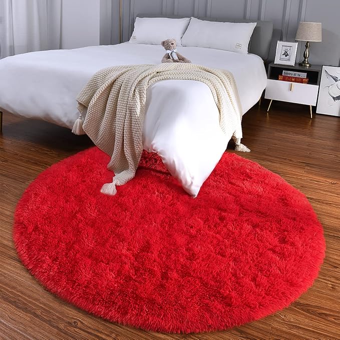 LOCHAS Luxury Round Fluffy Area Rugs for Bedroom Kids Girls Room Nursery, Super Soft Circle Rug, Cute Shaggy Carpet for Children Living Room, 4x4 Feet Red
