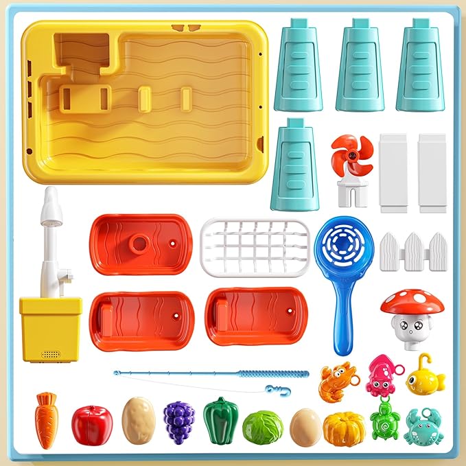 Water Table Toy for Kids 2 3 4 5 6 Years Old - Outdoor Kitchen Toys Set with Electrical Faucet, Toddler Fishing Games, Summer Beach Sensory Water Play Table, Gifts for Boy Girl 2+ 3-5(Yellow)