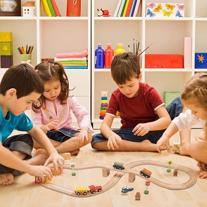 Wooden Train Set,39 Pcs-with All-Wood Train Tracks with Double Sided Wooden Tracks and Color Box for 3+ Year Old Boys and Girls Toddler-Fits Thomas Brio Melissa and Doug… (39PC)