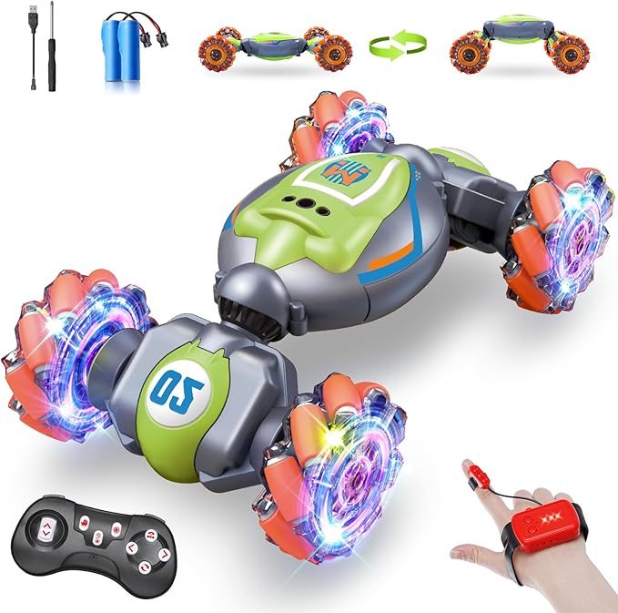 Remote Control Car for Boys Girls,Gesture Rc Stunt Car for 4-7 8-12 5 6 9 10 11 13 Year Old Boys Birthday Gifts,2.4 GHz 4WD 360° Rotatin Sensing Toys for Kids with Light and Music-Green Medium