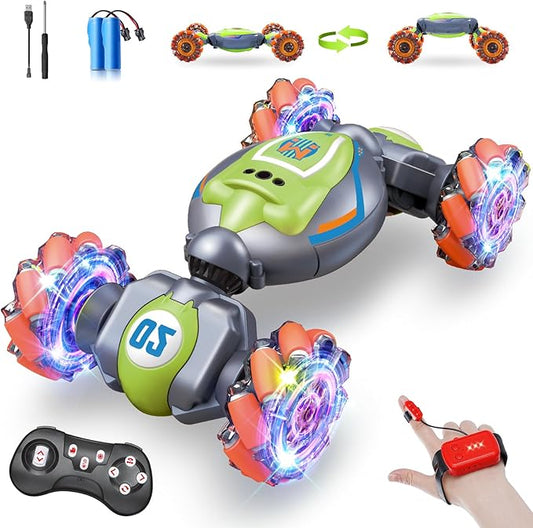 Remote Control Car for Boys Girls,Gesture Rc Stunt Car for 4-7 8-12 5 6 9 10 11 13 Year Old Boys Birthday Gifts,2.4 GHz 4WD 360° Rotatin Sensing Toys for Kids with Light and Music-Green Medium