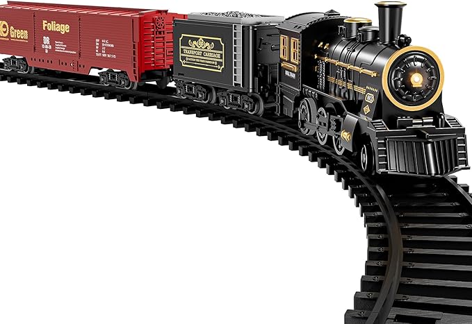 TEMI Steam Train Toy Set for Boys 3 4 5 6 7 Years, with Sounds & Light, Electric Classical Engine Locomotive for Kids, Rechargeable Model Train Kit for Christmas Tree, Cargo Car Railway Tracks