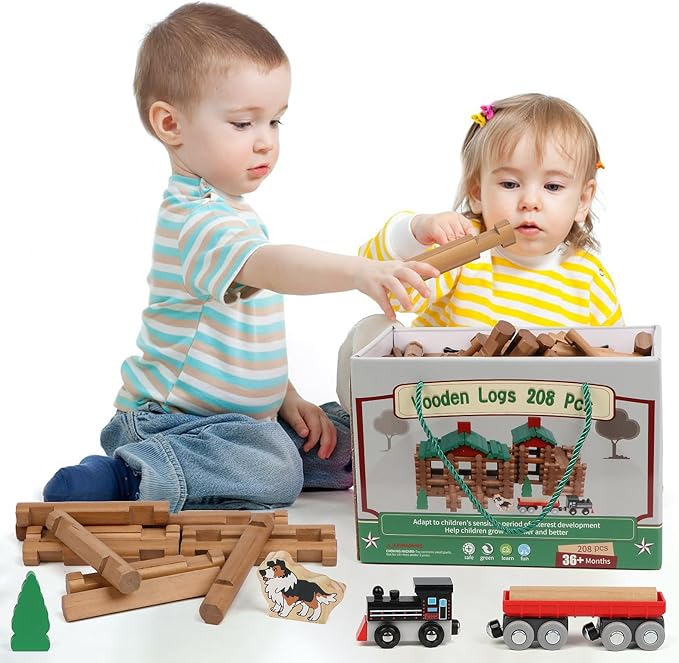 Wondertoys 208 Pcs Wooden Log Set - Classic Building Logs Ages 3+ - Best Retro Building Gift Set for Boys - Creative Construction Engineering Educational Gifts