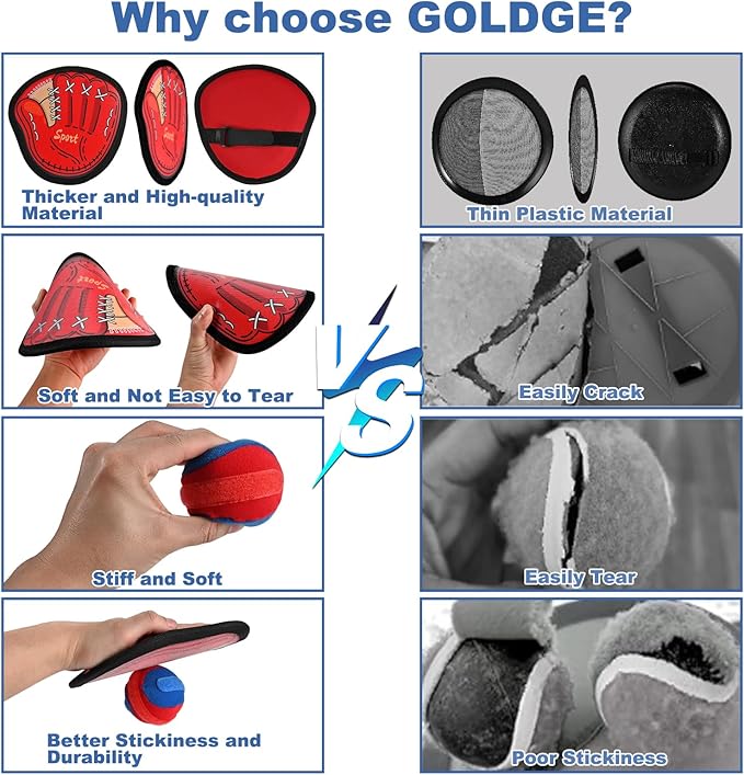 GOLDGE 4pcs Sticky Toss and Catch Ball Game Set for Kids - Baseball Glove Mitt Included - Ideal Sports & Outdoor Toys for Boys Aged 3 to 12