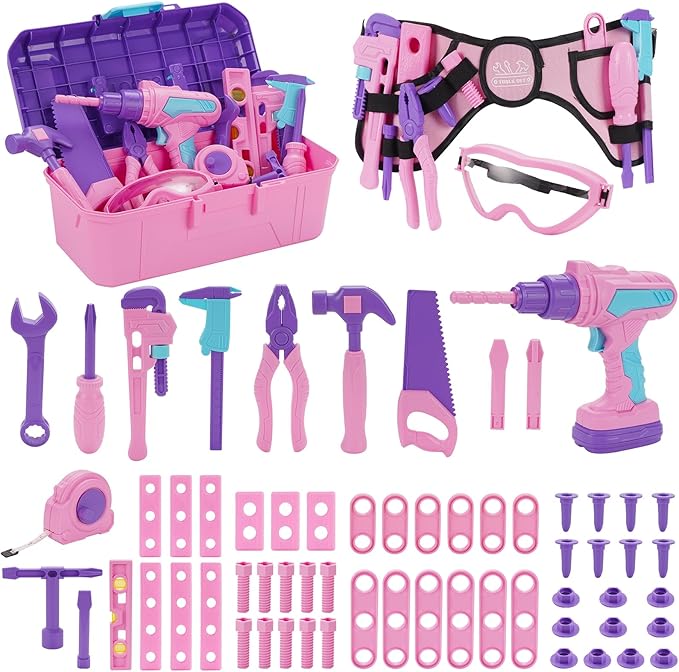 Kids Tool Set, 67 PCS Pink Kids Tool Box for Girls, Electronic Toy Drill&Tape Measure, Pretend Play Girls Toys Construction Tools Kit & Belt, Christmas Birthday Gift Ideas Toddler Tool Set Age 3 4 5+