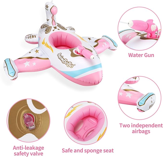 Swimbobo Toddler Pool Float Pink Inflatable Airplane Car Baby Swim Float with Water Gun and Safety Seat Pool Toys for Kids 3+ Years Old