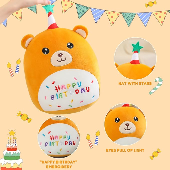 SQEQE Bear Plushie Birthday Bear Stuffed Animal Creative Plush Pillow Birthday Party Home Room Decoration Doll Gift for Kids 10 Inch