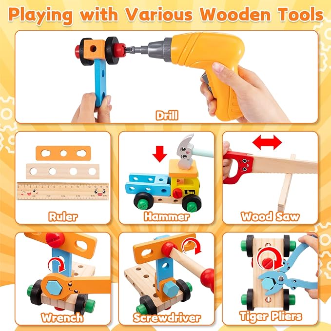 59Pcs Kids Tool Set Toy for Boys - Montessori STEM Wooden Play Tool Box Kit with Electric Drill with 2 Types Bits - Educational Christmas Birthday Gifts for Boys Toddlers Kids Age 3 4 5 6 Years Old