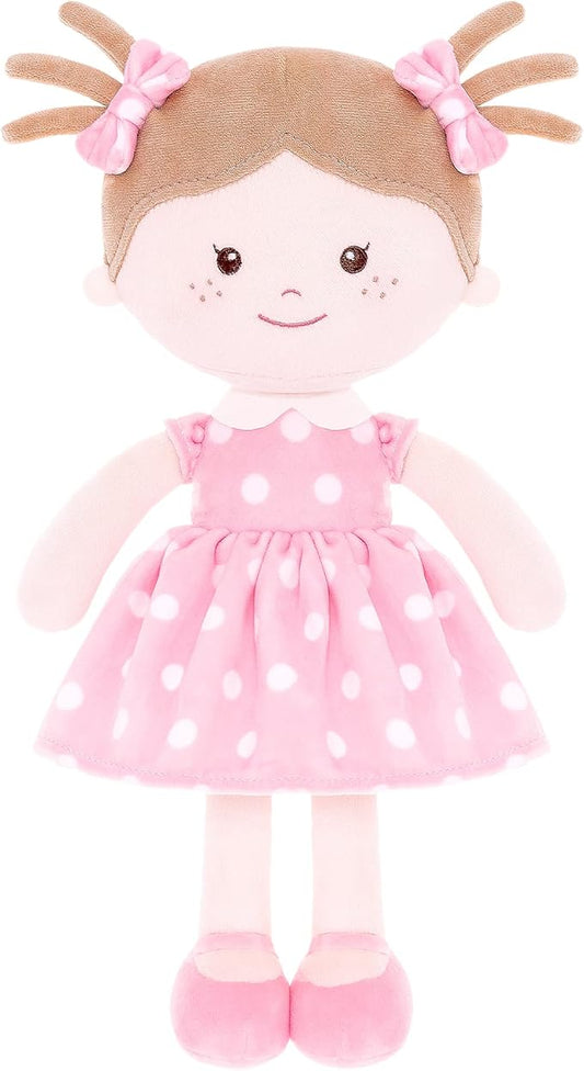 Onetoo Plush Rag Doll Sleeping Cuddle Buddy Doll Soft Baby Doll for Girls First Baby Doll Wear Pink Skirt Dress 14"（Milly Series）