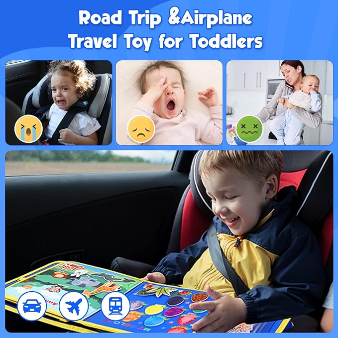Blue Montessori Busy Board Book for Toddlers 1-3, Montessori Toys for 1-3 Year Old Boy Birthday Gift, Educational Quiet Activity Books for Toddlers, Airplane Car Travel Toys for Ages 1-3 2-4