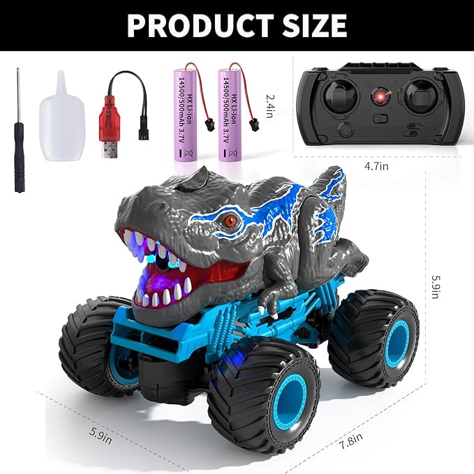 Remote Control Dinosaur Car for Boys Kids, 2.4Ghz RC Dinosaur Truck for Toddlers, Electric Hobby RC Car Toys with Light & Sound Spray Christmas Birthday for 3 4 5 6 7 8 Year olds Kids Boys