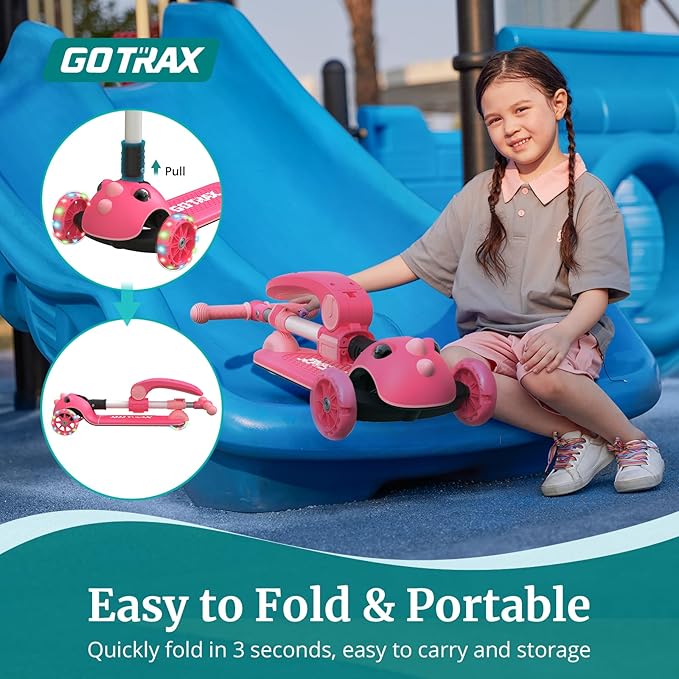 Gotrax KS3 Pro Folding Kick Scooter for Kids, One Key Removable Seat & 3 Extra Wide PU Light-Up Wheels and Anti-Slip Deck, Adjustable Height Handlebar and Lean-to-Steer Scooter for Children Aged 2-8