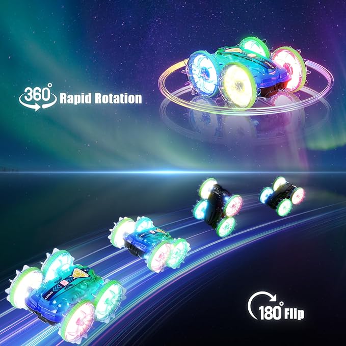 Amphibious Remote Control Car, 4WD Waterproof RC Stunt Car Toys with LED Lights, 360°Rotation RC Boat Water Beach Pool Toys for Boys, Christmas Birthday Gifts Toys for Kid Ages 4-7 8-12 Year Old