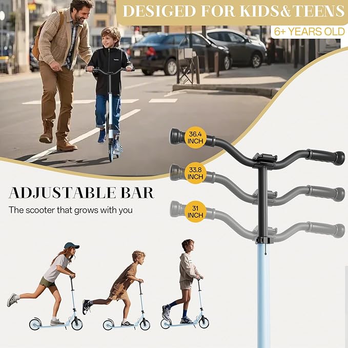 Scooter for Kids 8-12, Kick Scooter for Kids,Teen& Adults, Folding Scooters Holds Up to 220lbs | Adjustable Height | Lightweight |Rear Brake