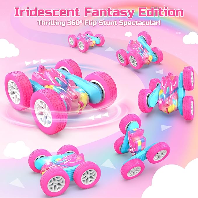 DEERC Rainbow Remote Control Car for Girls, Pink RC Cars Toy with LED Lights, 2.4 GHZ Double Sided RC Stunt Drift Car 360°Rotating, All Terrain RC Crawler Gift for Kids, 40+ Mins Running Time