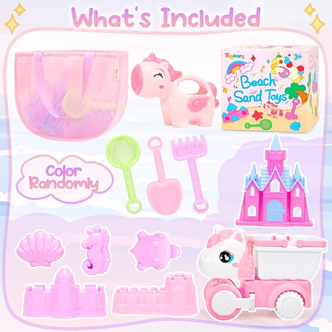 Tagitary Beach Toy Unicorn Sand Toys for Kids,Sand Castle Toys for Beach with Mesh Bag,Sand Shovels,Castle Sand Kits,Sifters,Unicorn Watering Can and Truck,Beach Essential Outdoor Toys for Kids