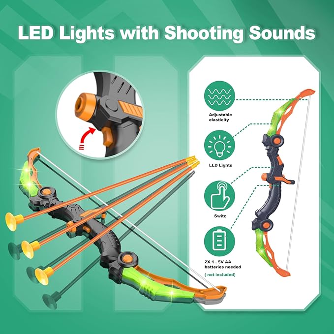 SpringFlower Bow and Arrow Toys for Kids, Archery Set Includes Super Bow with LED Lights, 10 Suction Cups Arrows,Archery Set with Standing Target and 3 Target Cans for Boys and Girls