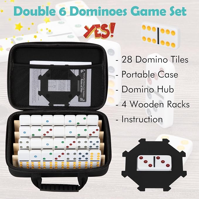 DAILYLIFE Dominoes for Kids, Double 6 Dominoes Set with 4 Wooden Racks/Trays, Double Six Dominoes Set with Portable Case, 28 Tiles Dominos Set for Family Board Games
