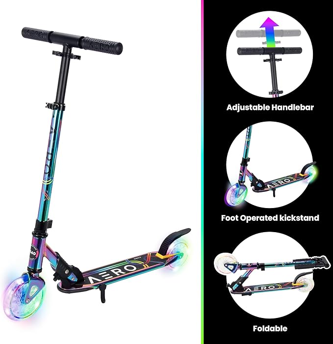 Aero 2 Wheel Kick Scooter for Kids Ages 5-7 or 5-8 or 6-10 or 6-12 with Dynamic Lights, Scooters for Boys and Girls 6 Years and Up with Light up Wheels and Deck