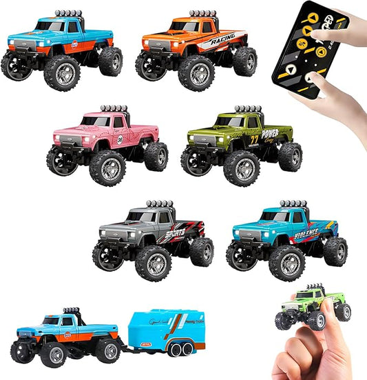 Mini Rc Truck, Mini RC Monster Truck, 1:64 Scale Monster Truck Remote Control Car with Lights, 2.4Ghz Remote Control, Mini Alloy Monster Truck Rc with Trailer, Speed/Steering Adjustable(6Pcs)