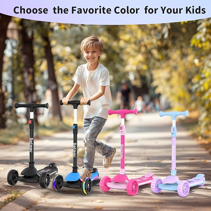 BELEEV A9 Kids Scooter with LED Light-Up Wheels & Deck, 3 Wheel Folding Scooter for Toddlers Girls Boys Ages 3-12, Adjustable Handlebar, Lean to Steer, Extra-Wide Wheels, Kick Scooter for Children