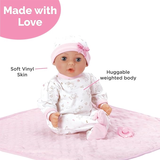 Adora 16 Inch Girl Baby Doll with Accessories Pink Matching 9-Piece Set Including a Pacifier, Hospital, Bracelet, Diaper, and More Gift for Toddlers Ages 3+ Adoption Babies Collection - Hope