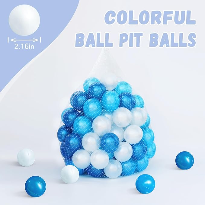 100 Ball Pit Balls for Toddlers, Phthalate & BPA Free Plastic Balls, Crush Proof 2.16" Colorful Balls for Ball Pit Play Toys for Kids with Storage Bag (Pearl Blue, Light Blue, White)