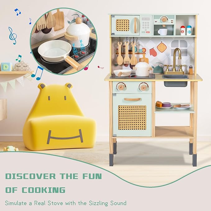 Garsing Play Kitchen for Kids Toddlers with Sounds, Wooden Kids Kitchen Playset with Realistic Features, Modern Toy Kitchen Sets with Storage and Accessories for Boys Girls, Age 3+, Green