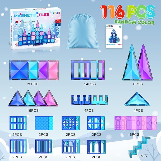 Magnetic Tiles, 116PCS Magnet Building Blocks, 3D Diamond Magnetic Blocks, Construction Stem Toys for Kids, Educational Toys for Boys Girls Ages 3 4 5 6 7 8 (116 PCS)