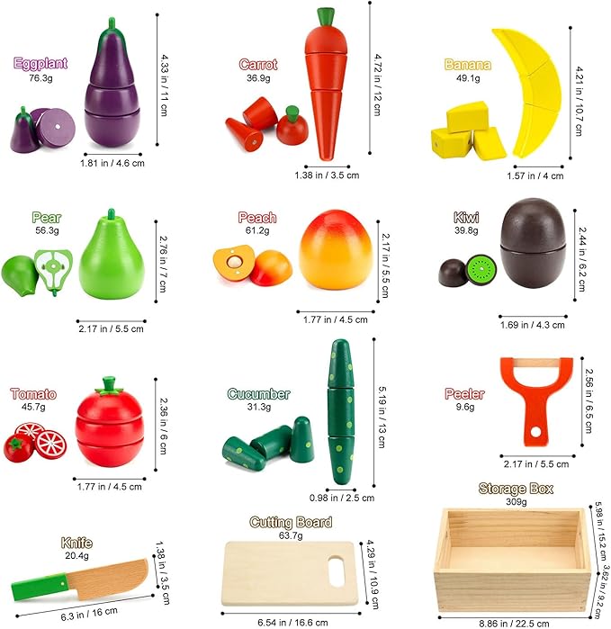 Wooden Play Food Sets for Kids Kitchen Fake Food Cutting Fruit and Vegetables Pretend Play Toddler Toys Food Montessori Toys for 3 4 5 6 7 Years Old Gifts for Boys and Girls