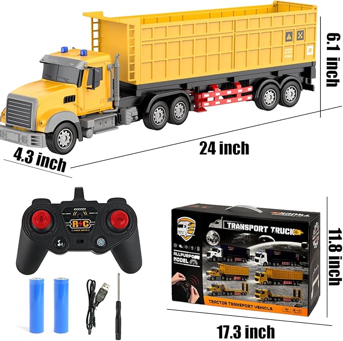 Remote Control Semi Truck with Trailer -24 Inch Semi Truck Toy for Kids,1:24 Container Truck with LED Lights & Music, Great Gift for Boys Girls