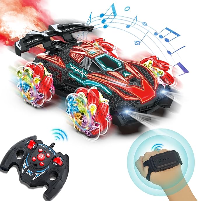RC Gesture Sensing Stunt Car, with Spray, Light & Music, Best Toy for Boys 6-12 Years Old 360° Rotating 4WD Remote Control Transforming 2.4Ghz Manual Control Car Birthday Present (Red)