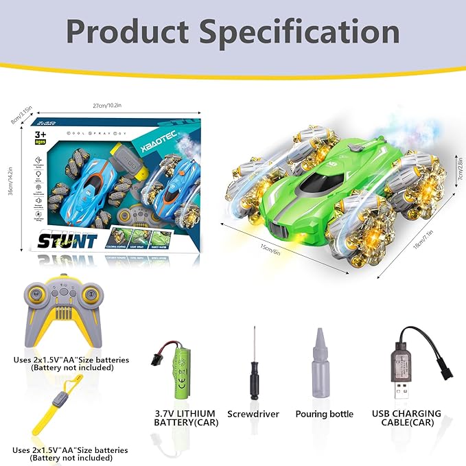 Remote Control Car, 10-in-1 Functions 2.4GHz Clectric Racing Stunt Car, Double-Sided 360°Rrolling Rotation, Spray Music 4WD High-Speed Off-Road Suitable for 6 7 8-12 Years Old boy Toys (Green)