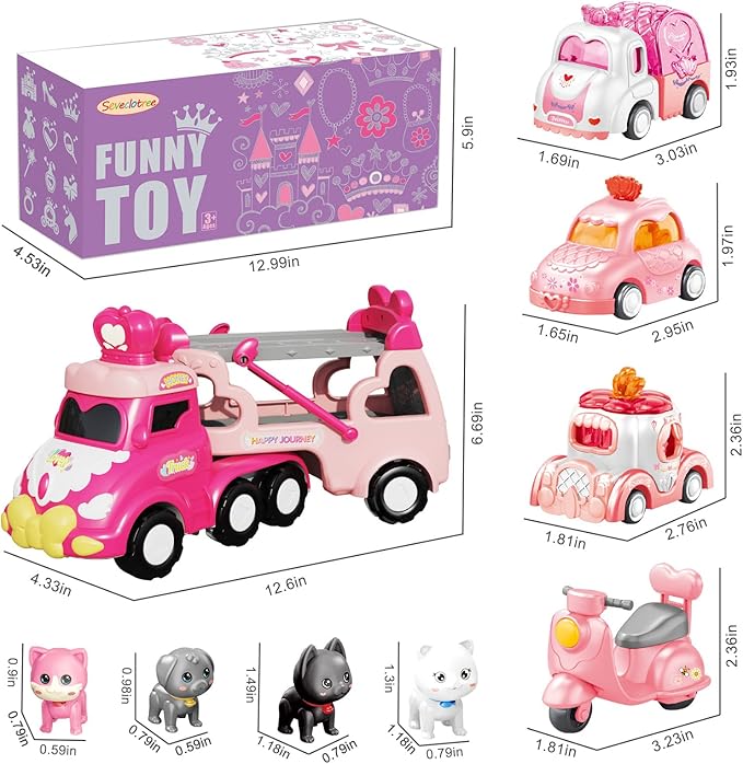 9 in 1 Carrier Truck Cars Toys for Girls Toddlers,Pink Princess Girl Car with Light and Sound,Toddler Girl Toys Age 1-2 2-4,Toys for 1 2 3 Year Old Girls Birthday for Baby Girl…
