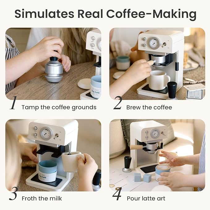 Tiny Land Kids Wooden Coffee Maker Playset – Pretend Play Espresso Machine with POS Machine and Toy Bank Card, Barista Role Play Café Set, Montessori Kitchen Toy for Boys & Girls