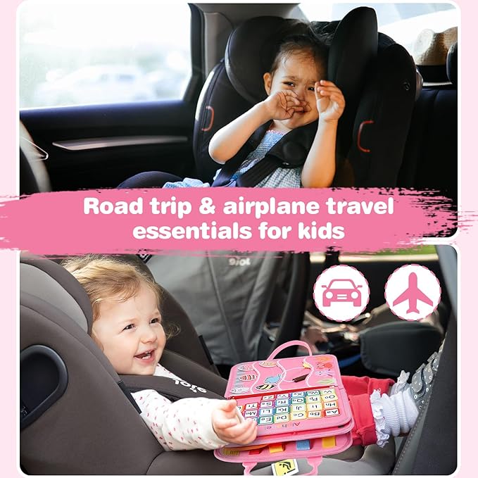Busy Board for Toddlers 1-4, Sensory Board Travel Toys Gifts for 1 2 3 4 Year Old Girls Boys, Montessori Toys to Learn Fine Motor Skills, Educational Activities Busy Book for Airplane Car (Pink)