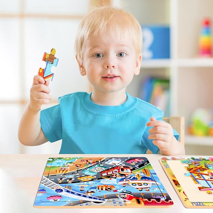 4SET Puzzles for Kids Ages 4-6 - 24 Pcs Wooden Realistic Montessori Toddler Puzzles Ages 3-5 - Construction Vehicles Learning Games for Boys and Girls 4-8 Year Olds