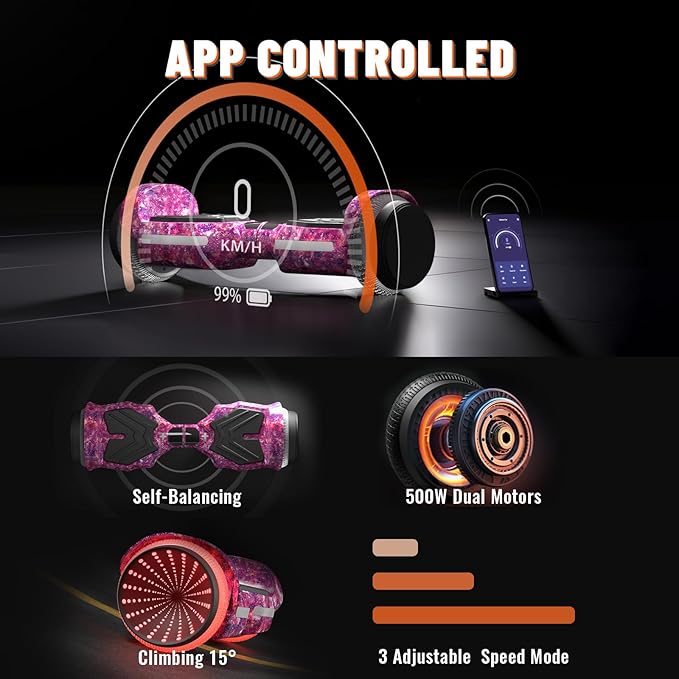 Scooter, Colorful LED Light-Up Wheels, Bluetooth Speakers and APP, Dual 250W Motors, 8.5 mph Max Speed & 8.5 Miles Max Range, Gifts for Kids Adults Girls Boys