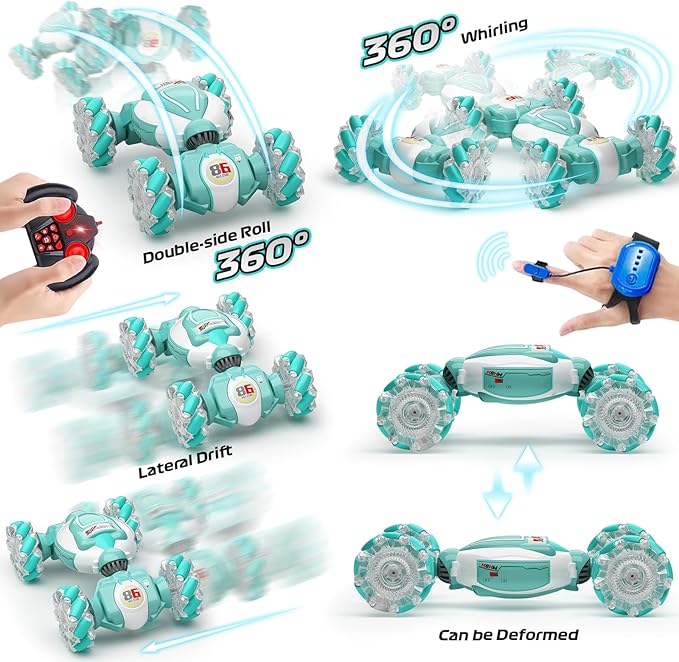 Gesture Sensing RC Stunt Car, Best Birthday Gift Ideas for Boys 6-12, Toys for Boys Age 8/9/10/11/12, 4WD 2.4GHz Remote Control Twist Car with Light & Music, Off Road 360° Rotating